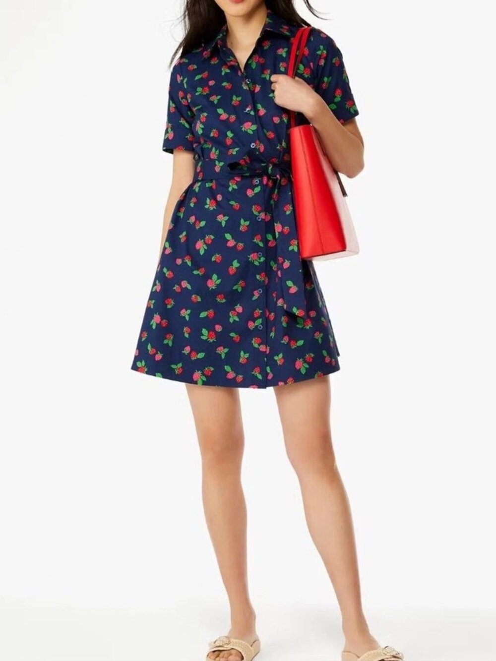 KATE SPADE Shirt Dress S Navy Red Tossed Strawberry Print Button Classic